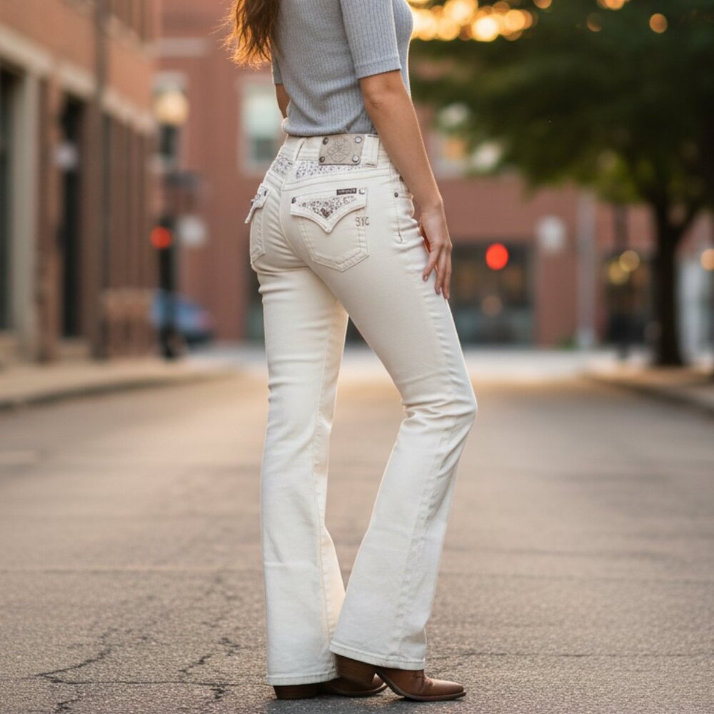 Miss Me White Boot Cut Jeans with Swarovski Crystals